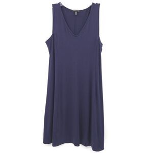 Eileen Fisher navy blue sleeveless knit Jersey V-Neck Flare A-line Dress Size M‎